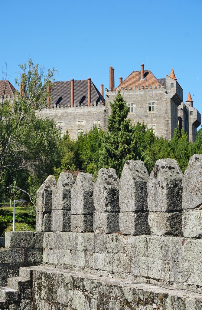Eine alte Burg mit Zinnen und einem dichten Grün im Hintergrund.