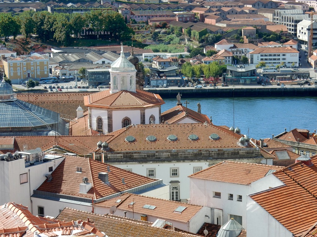 Blick auf die Stadt mit roten Dächern und einer Kirche am Flussufer.