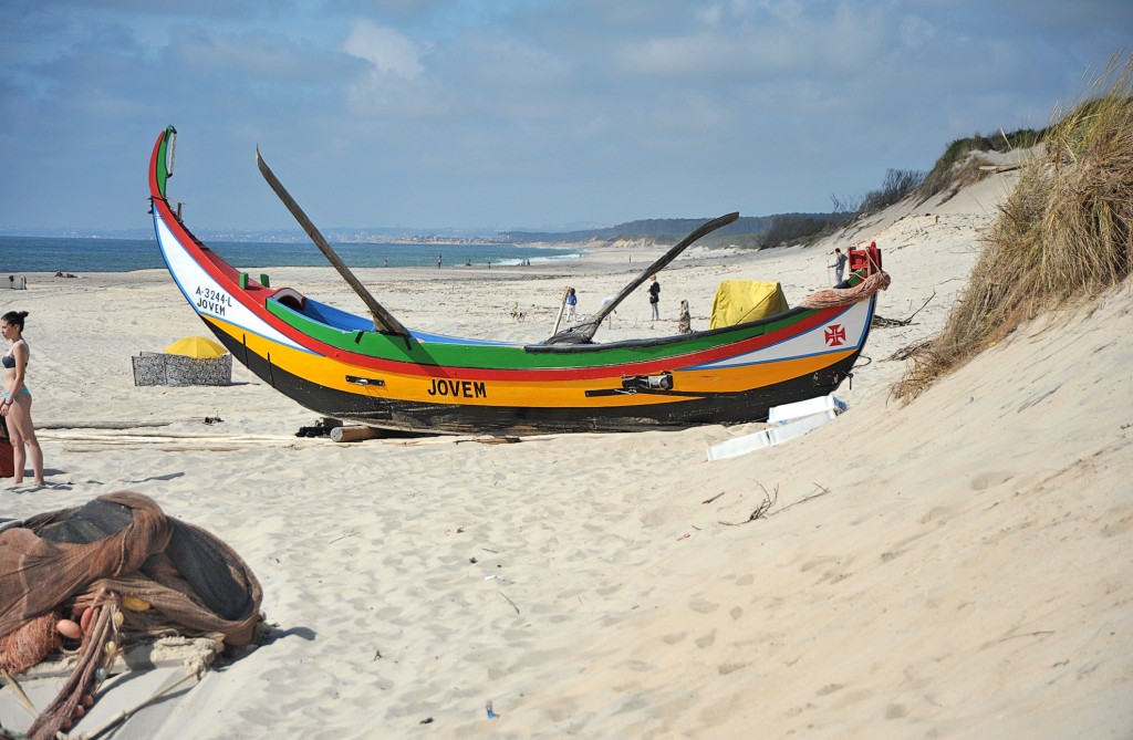 Bunt gestrichenes Fischerboot liegt am Sandstrand mit Dünen im Hintergrund