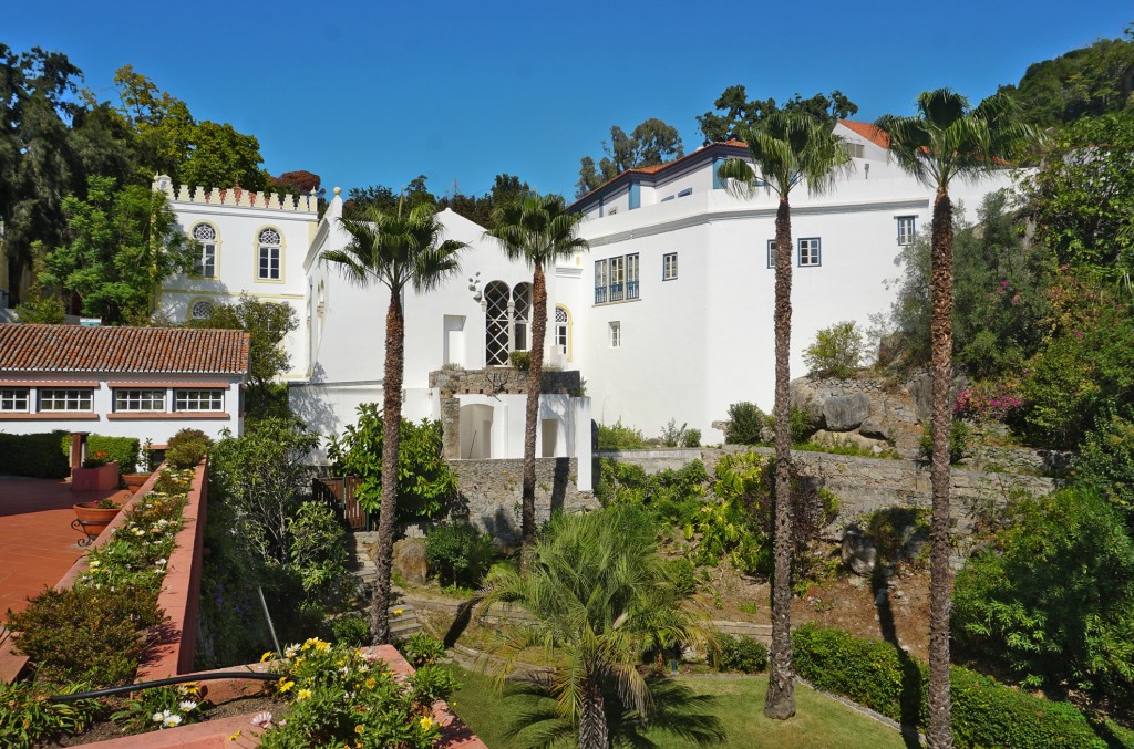 White villa overlooks a lush garden with palm trees and stone terraces.