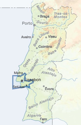 Eine Karte Portugals zeigt Flüsse Städte und Regionen