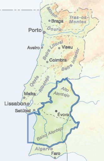 Eine Karte Portugals mit regionalen Bezeichnungen und Städten