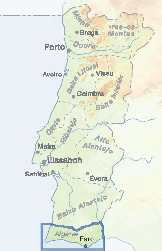 Eine stilisierte Karte Portugals mit Flüsse und Städten gekennzeichnet.